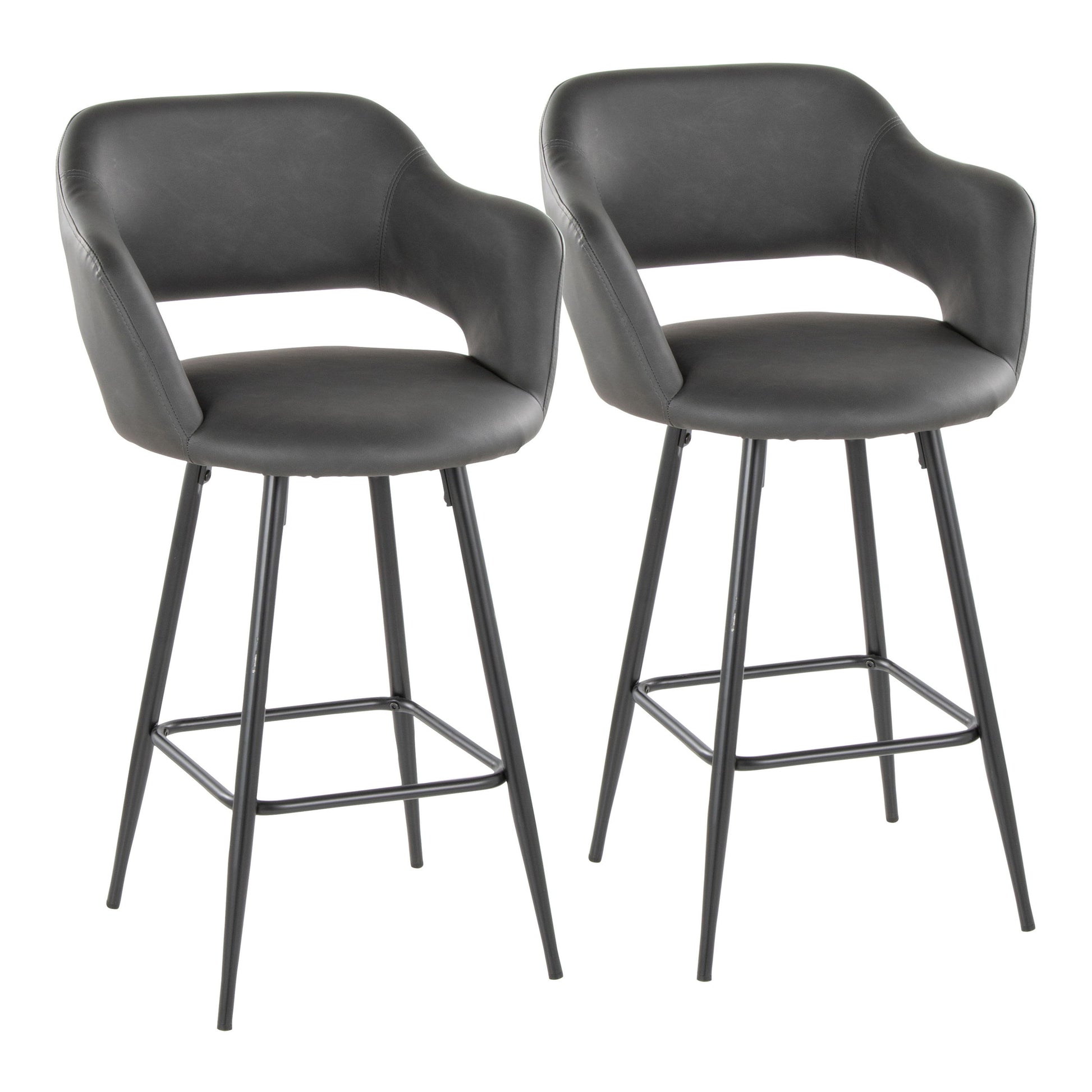 The Margarite set includes two contemporary bar stools featuring black cushioned seats and backrests, supported by four slender metal legs and a square footrest, offering sleek modern design.