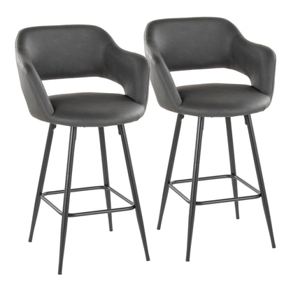 The Margarite set includes two contemporary bar stools featuring black cushioned seats and backrests, supported by four slender metal legs and a square footrest, offering sleek modern design.