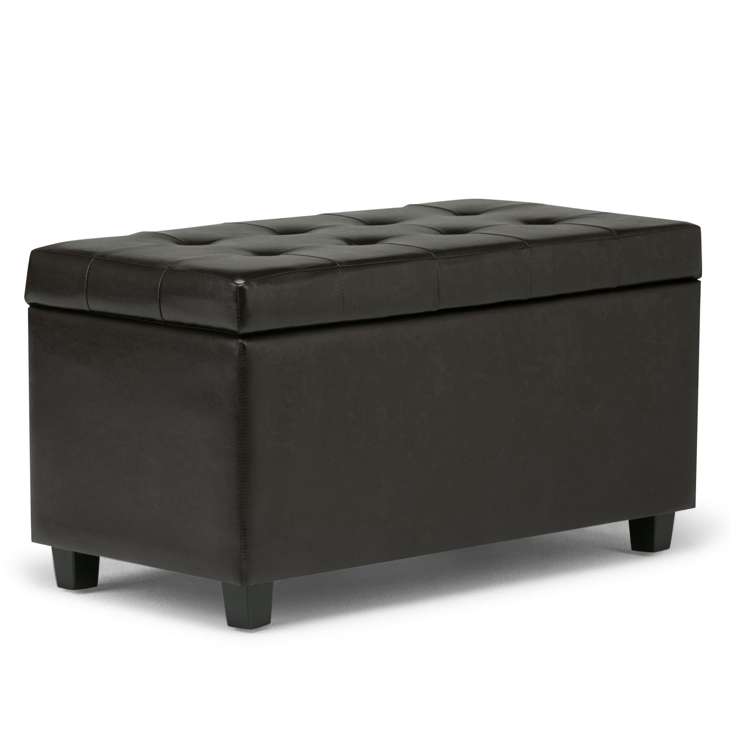The Cosmopolitan Upholstered Storage Ottoman is rectangular, black, and tufted with short legs and a cushioned lid—ideal for storage or extra seating.
