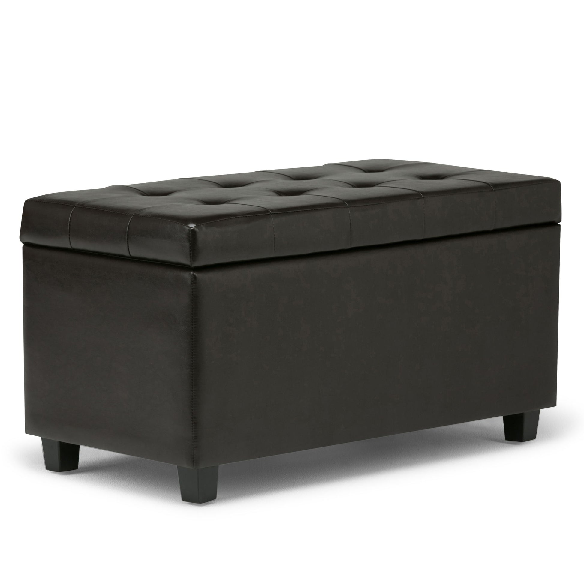 The Cosmopolitan Upholstered Storage Ottoman is rectangular, black, and tufted with short legs and a cushioned lid—ideal for storage or extra seating.