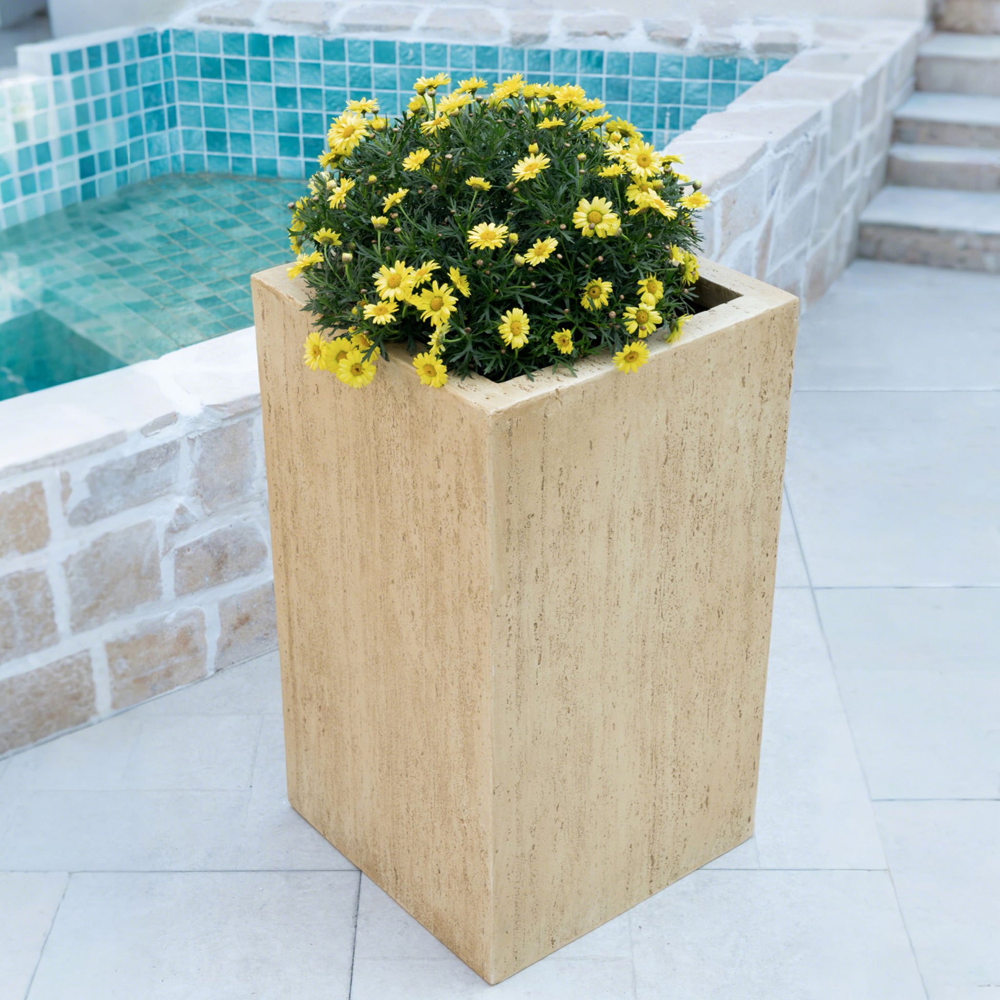 A tall, rectangular Modern Outdoor Planter in beige with vibrant yellow daisies sits on a tiled patio by a turquoise pool and stone steps.