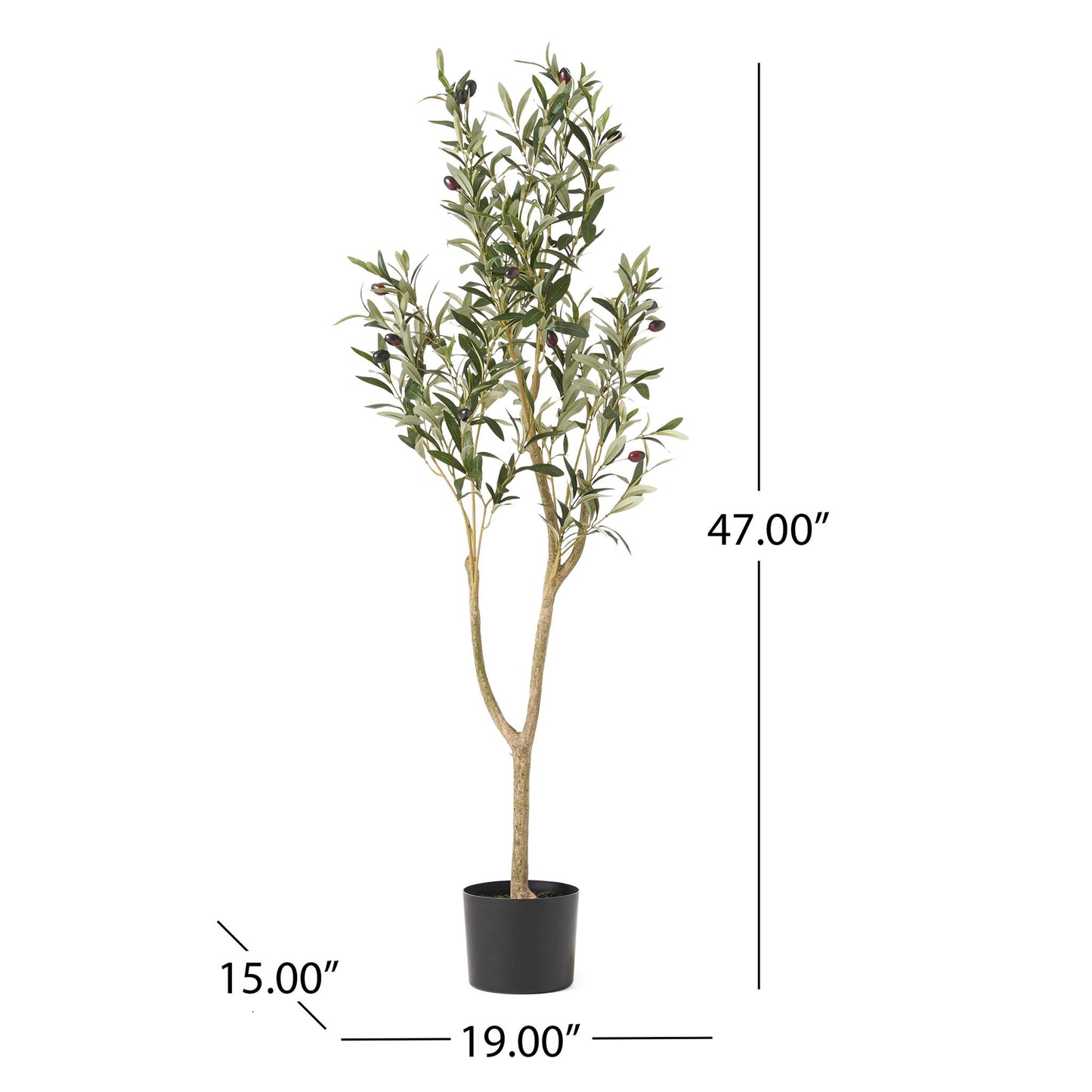 The Artificial Olive Tree stands 47 inches tall, with a width of 19 inches and a depth of 15 inches. Displayed in a black pot, measurement lines illustrate its dimensions.