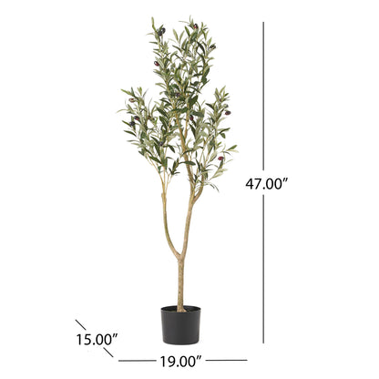 The Artificial Olive Tree stands 47 inches tall, with a width of 19 inches and a depth of 15 inches. Displayed in a black pot, measurement lines illustrate its dimensions.
