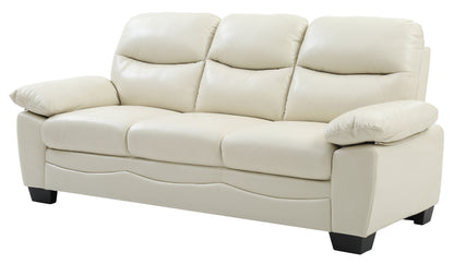 The Marta Sofa is a three-seater in cream leather, featuring plush cushions, wide padded armrests, and short dark wooden legs.