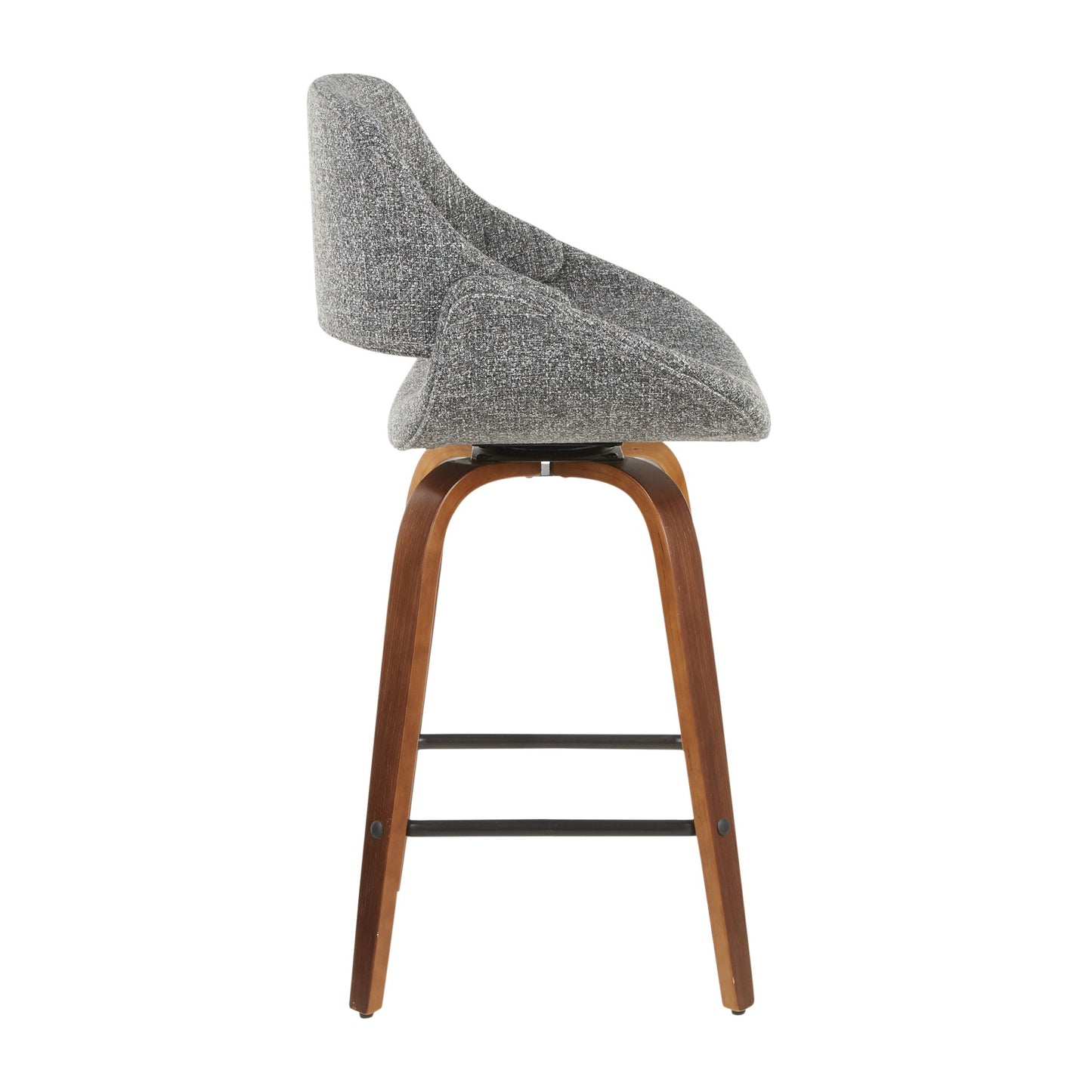 Side view of Fabrico - Mid-Century Modern Counter Stool (Set of 2) featuring a curved gray upholstered seat and backrest, wooden legs, and a black metal footrest.