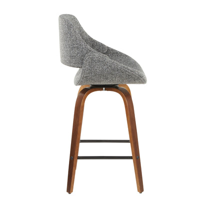 Side view of Fabrico - Mid-Century Modern Counter Stool (Set of 2) featuring a curved gray upholstered seat and backrest, wooden legs, and a black metal footrest.