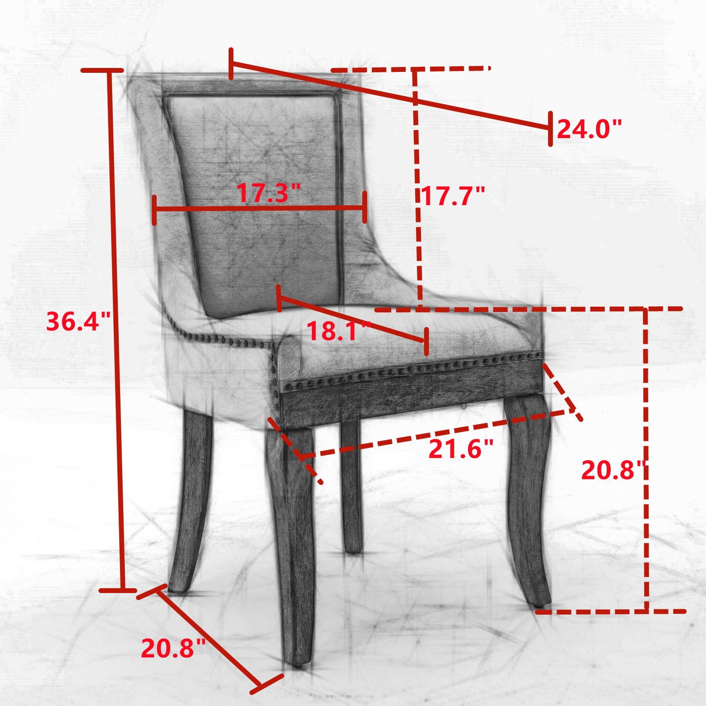 Sketch-style image of the Ultra Side Dining Chair showing padded seat and solid wood legs with red measurement lines: 36.4" height, 18.1" seat width, 17.3"x24" backrest, 17.7" seat height, 21.6" seat depth, and 20.8" leg height.