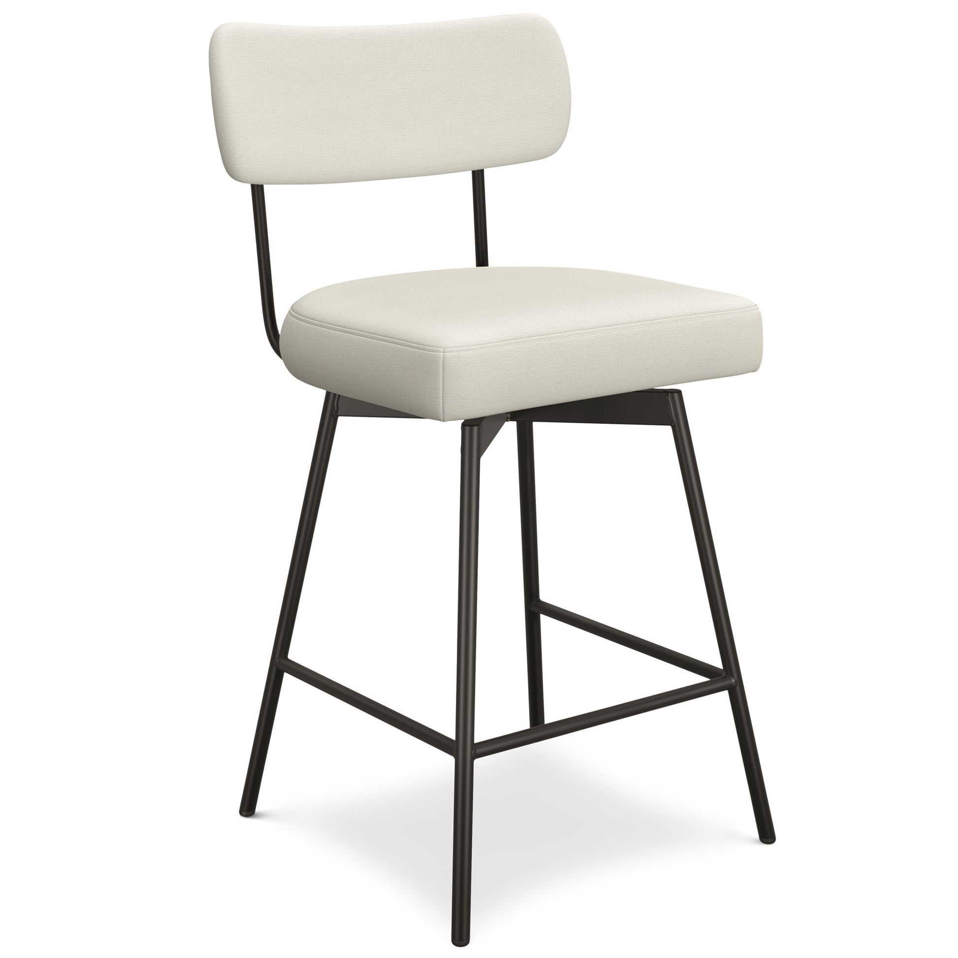 The Giselle Swivel Counter Height Stool (Set of 2) features a modern design with a white cushioned seat and backrest, supported by a black metal frame with four angled legs and a footrest.