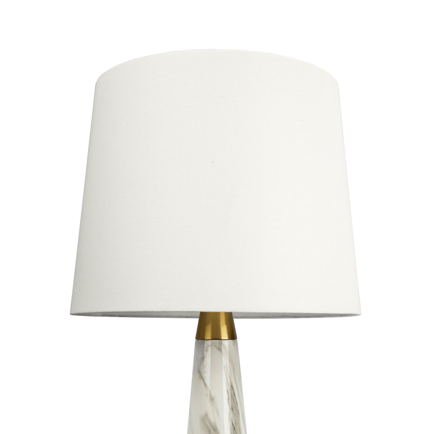 The Enclave Hydro Table Lamp features a gold accent, white cylindrical shade, and faux white marble base, all set against a white background.