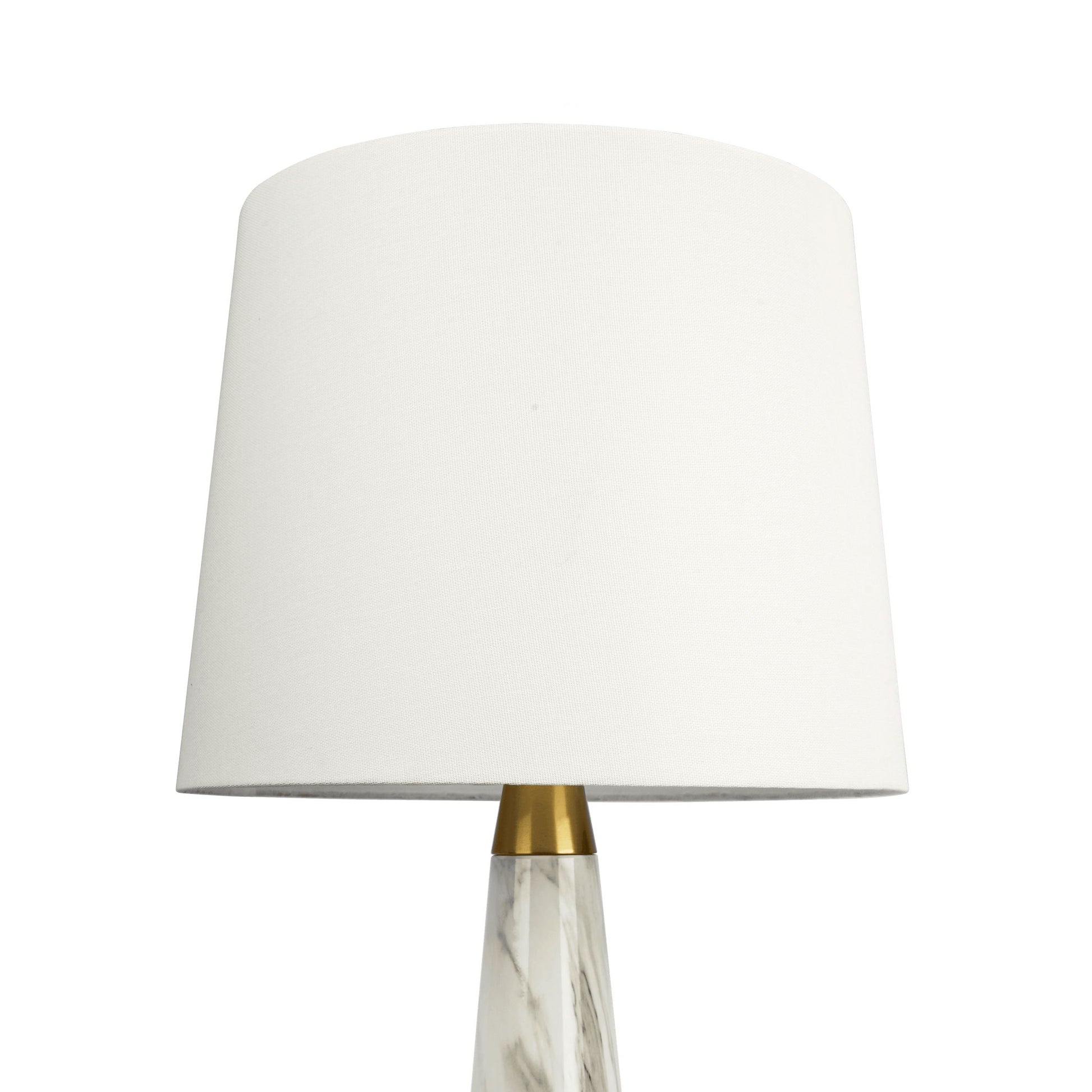 The Enclave Hydro Table Lamp features a gold accent, white cylindrical shade, and faux white marble base, all set against a white background.