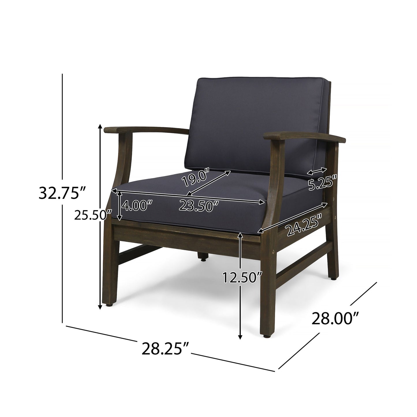 The Perla Contemporary Club Chair features a dark wood frame and navy blue, water-resistant cushions. Measurements: height 32.75", seat height 12.5", seat depth 24.25", width 28.25", seat width 23.5", backrest height 19", armrest width 5.25".