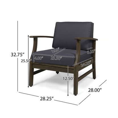 The Perla Contemporary Club Chair features a dark wood frame and navy blue, water-resistant cushions. Measurements: height 32.75", seat height 12.5", seat depth 24.25", width 28.25", seat width 23.5", backrest height 19", armrest width 5.25".