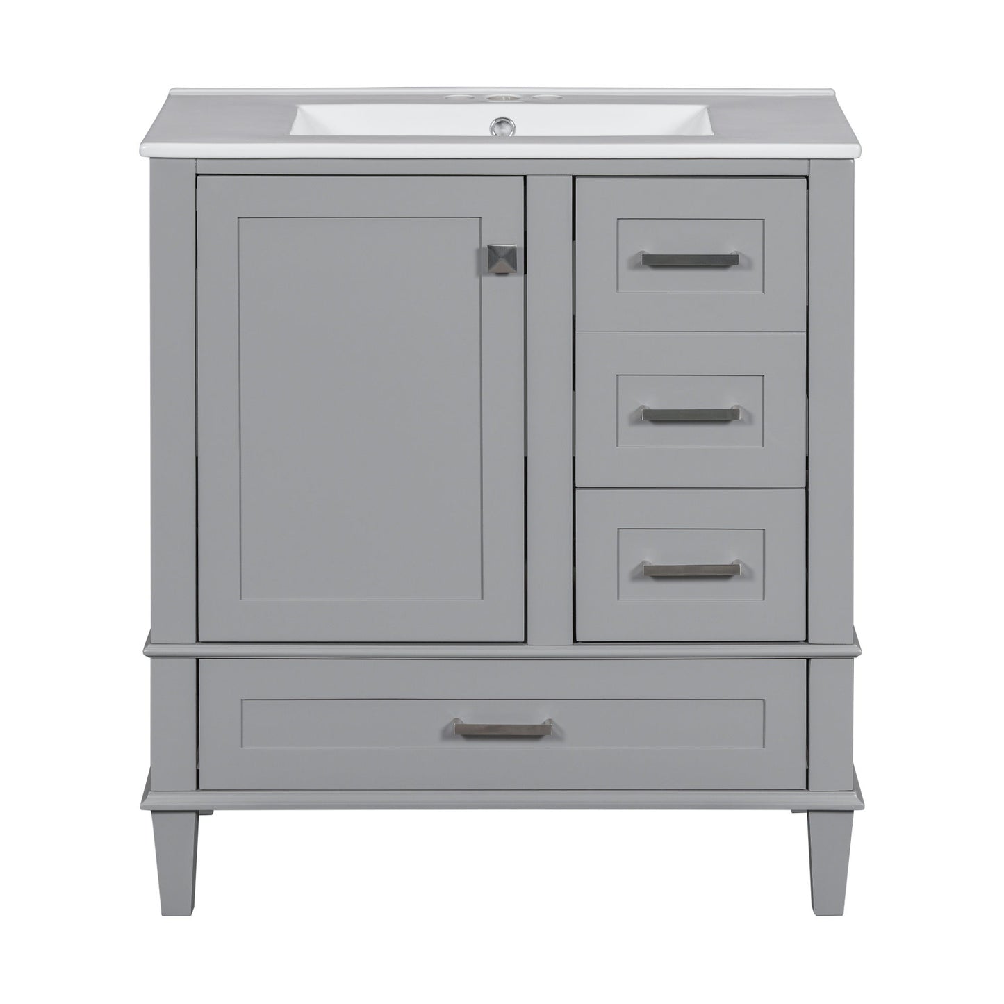 A modern gray bathroom vanity with a white rectangular sink, solid wood frame, soft-closing left cabinet door, three right drawers, and a wide bottom drawer—each featuring silver handles—for ample storage.