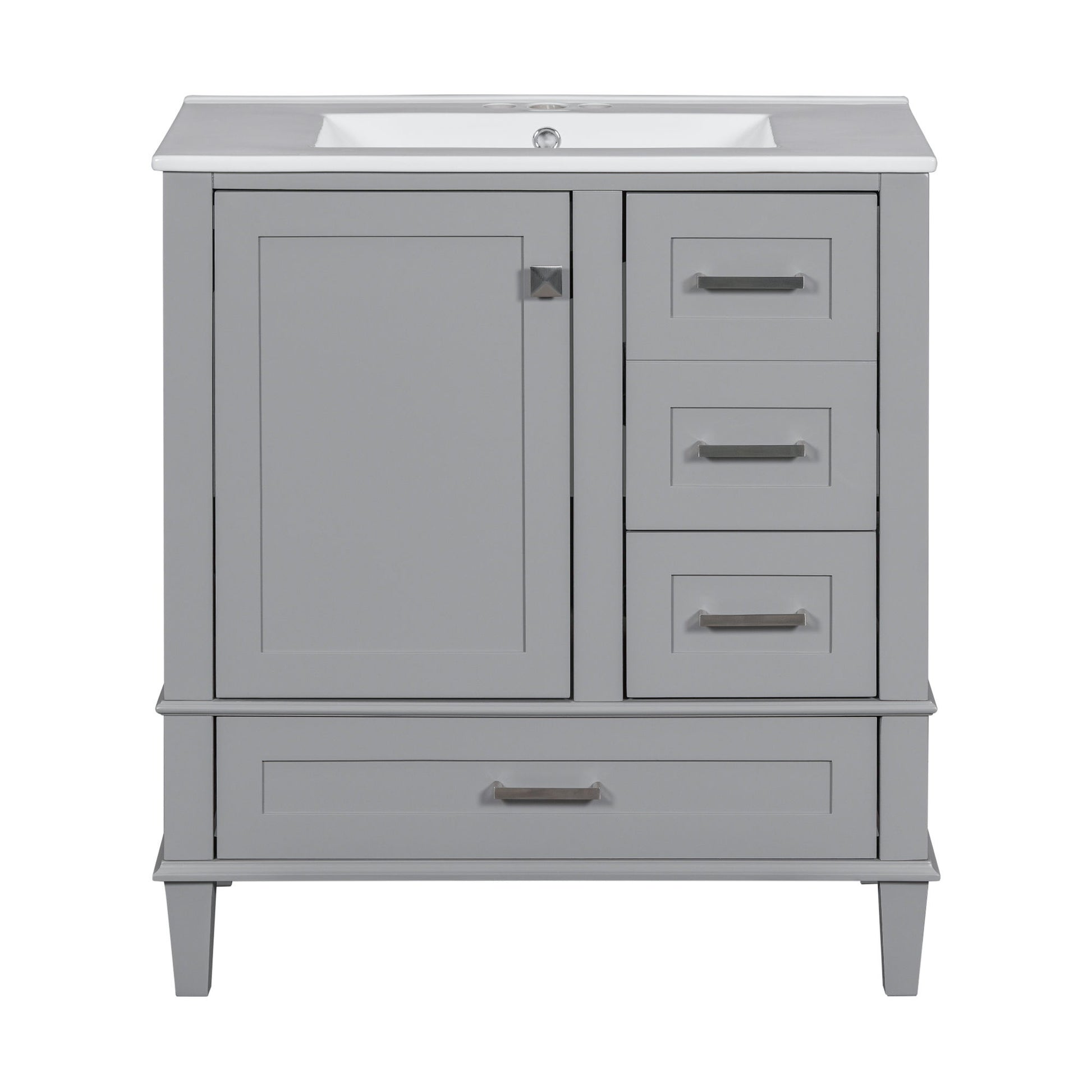 A modern gray bathroom vanity with a white rectangular sink, solid wood frame, soft-closing left cabinet door, three right drawers, and a wide bottom drawer—each featuring silver handles—for ample storage.