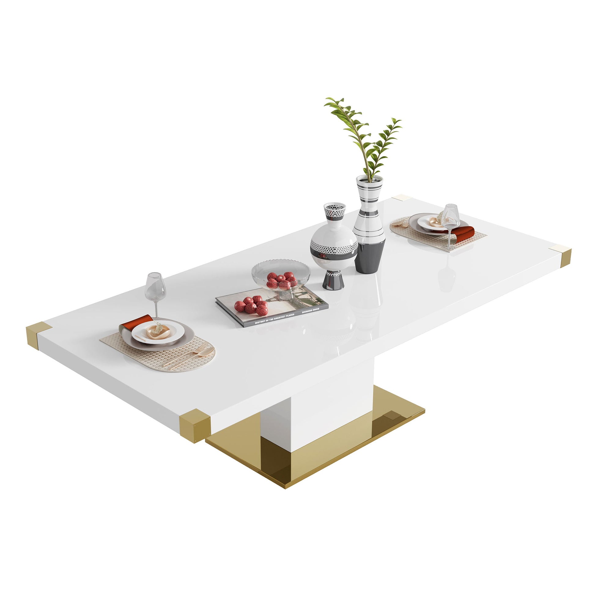 The Top Dining Table With Finish Corner is a modern white rectangular table with gold accents, elegantly set for two with plates, cutlery, glasses, food, and a centerpiece featuring decorative vases and a plant.