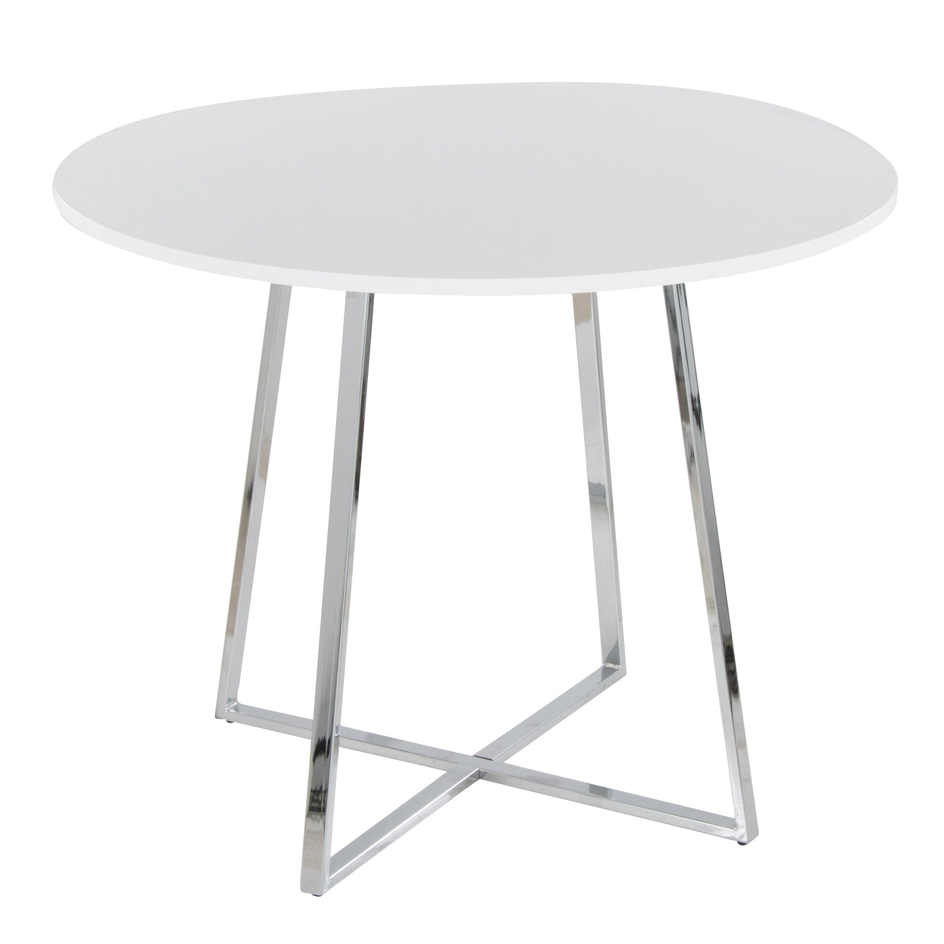 The Cosmo - Canary Contemporary Dining Table is a round white table with a smooth top and metal legs that create an intersecting geometric base.