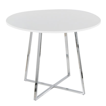 The Cosmo - Canary Contemporary Dining Table is a round white table with a smooth top and metal legs that create an intersecting geometric base.