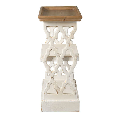 The Distressed Wood Shelf Tray, French Country Console Table in Brown/Antique White features a natural wood tray top, ornate cut-out side patterns, and a distressed white finish for a decorative touch.