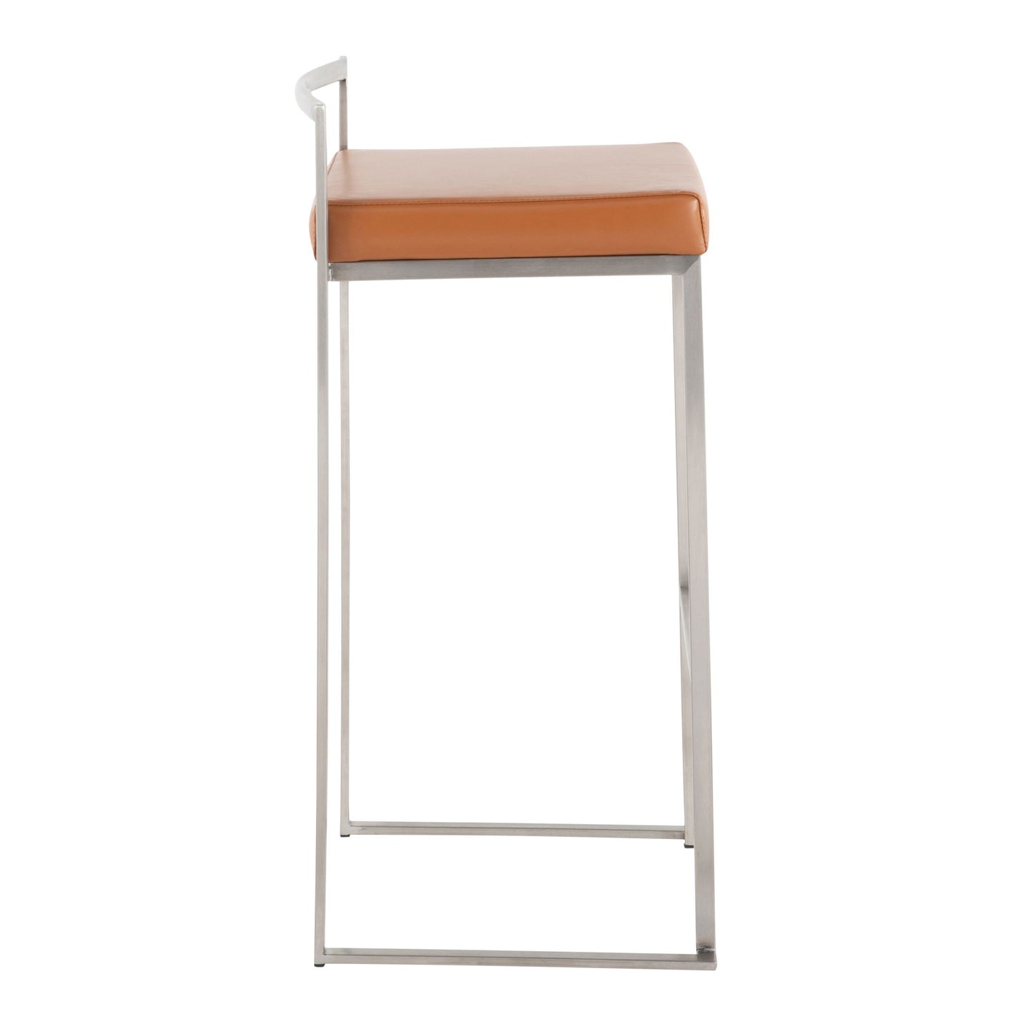 Side view of the Fuji - Contemporary Stackable Design Barstool, featuring a slim metal frame, square orange cushioned seat, and a low minimalist backrest.