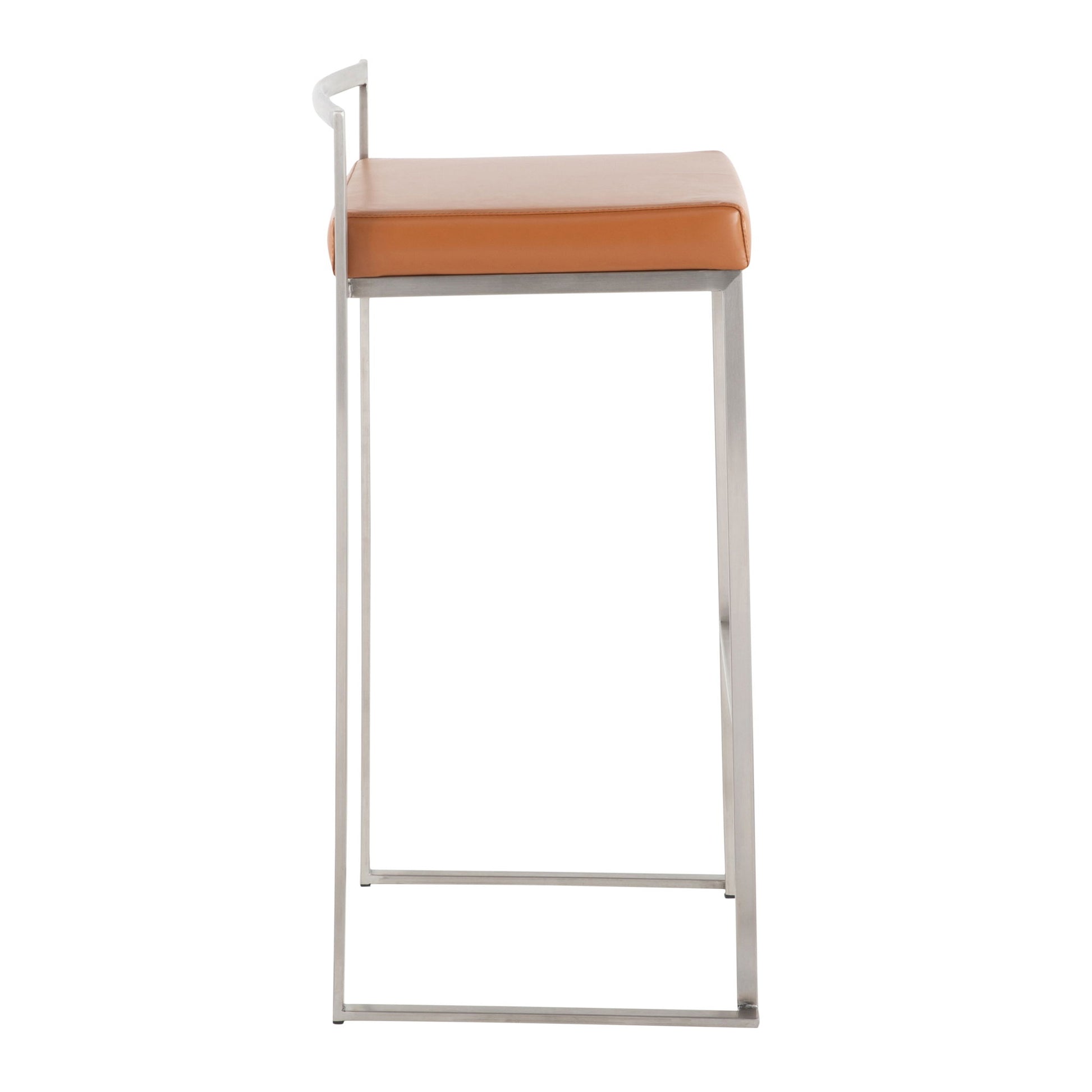 Side view of the Fuji - Contemporary Stackable Design Barstool, featuring a slim metal frame, square orange cushioned seat, and a low minimalist backrest.
