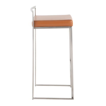Side view of the Fuji - Contemporary Stackable Design Barstool, featuring a slim metal frame, square orange cushioned seat, and a low minimalist backrest.