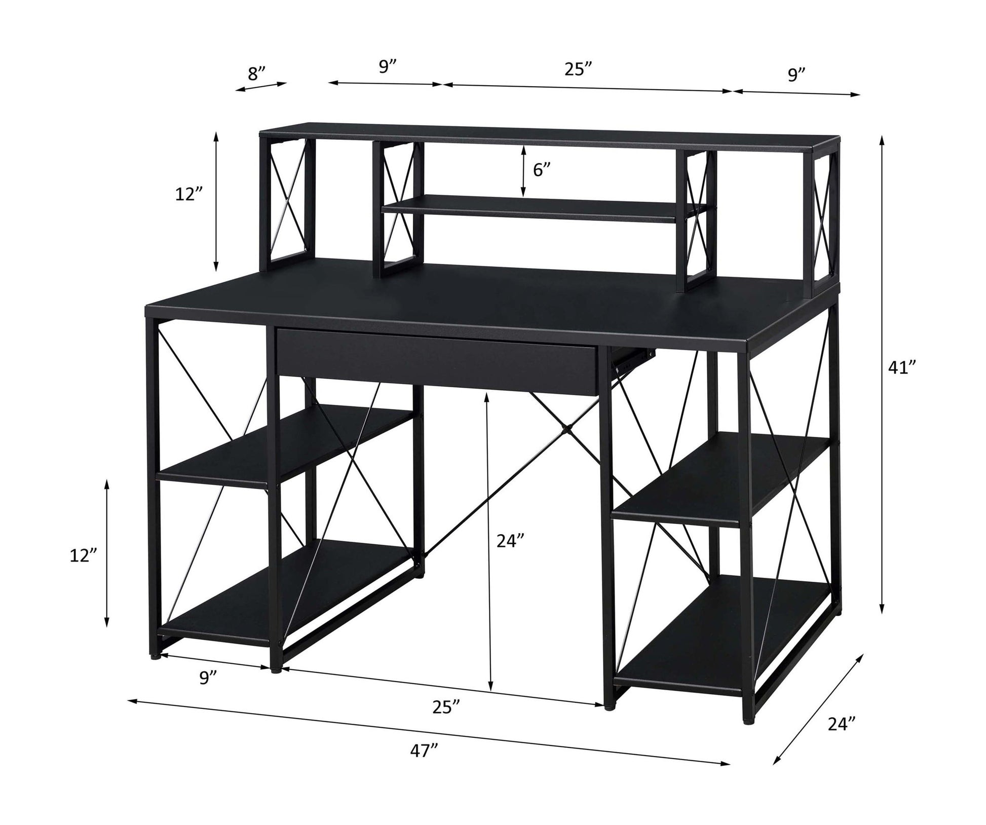 The Amiel All Purpose Writing Desk features black metal, upper and lower shelves on both sides, a raised center shelf, and labeled measurements. The desk measures 47" wide, 41" tall, and 24" deep.