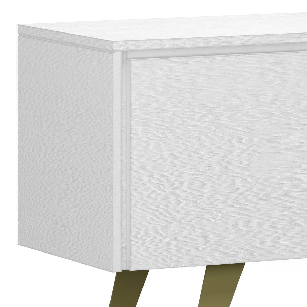 Close-up of the Lowry - Handcrafted TV Media Stand, showcasing its modern white wooden cabinet with a textured finish, simple lines, and angled gold metal legs.