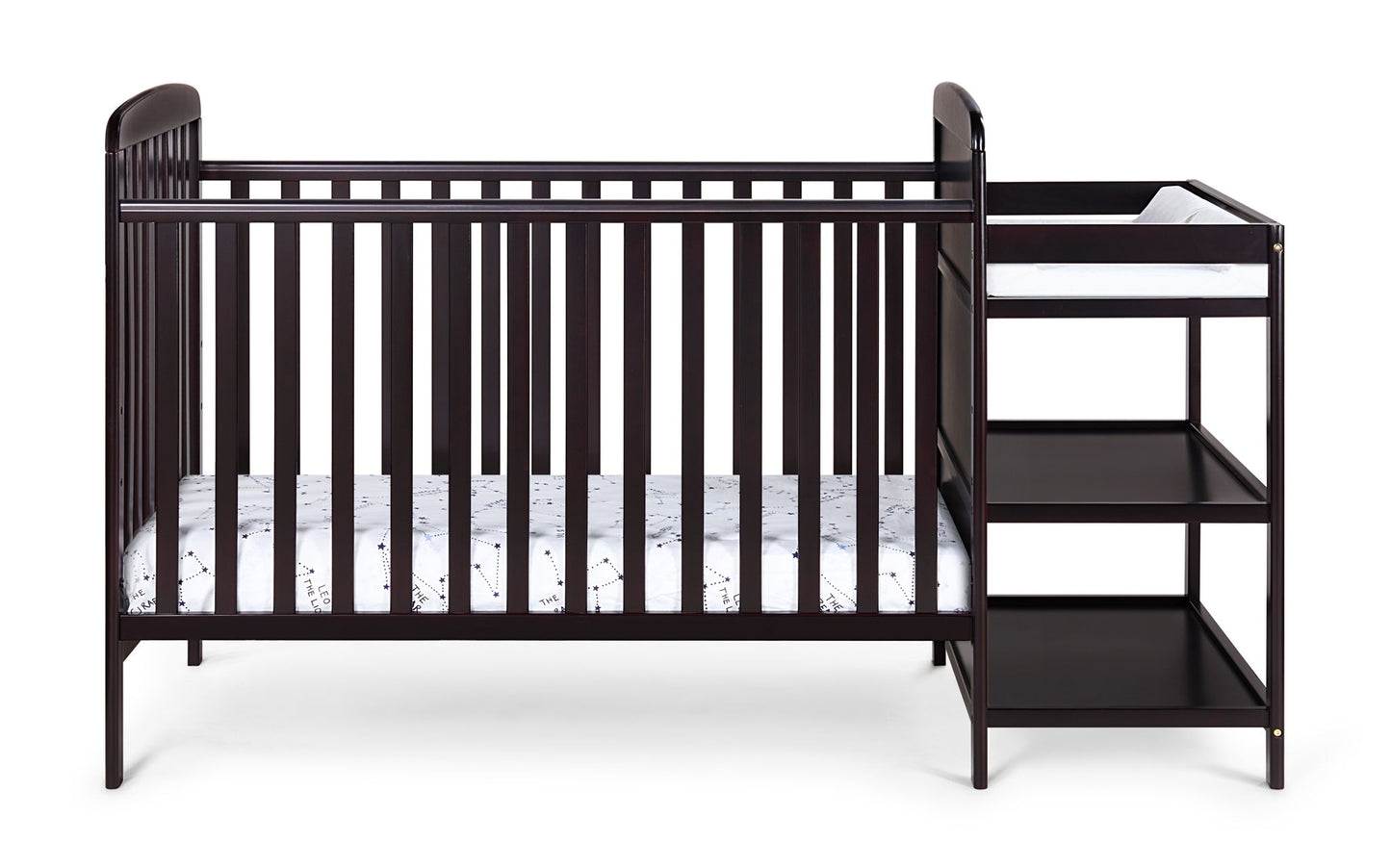 The Ramsey 3-in-1 Convertible Crib / Changer Combo features a dark wood finish, vertical slats, an attached changing table with three open shelves, a padded changing surface, and a crib mattress with a white patterned fitted sheet.