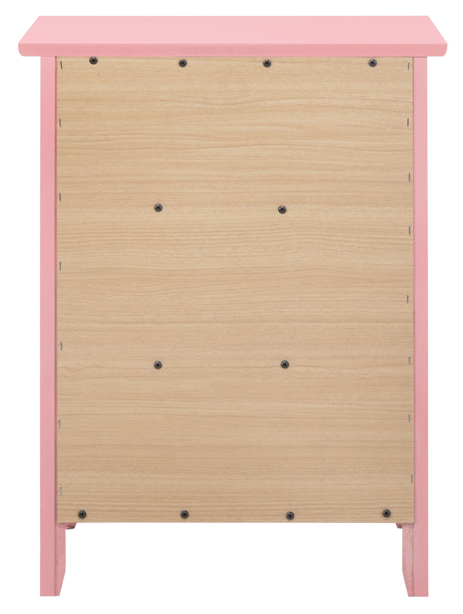 The Daniel - 3 Drawer Nightstand features a light wood back panel and pink-painted sides and top, with visible screws securing the panel when viewed from behind.