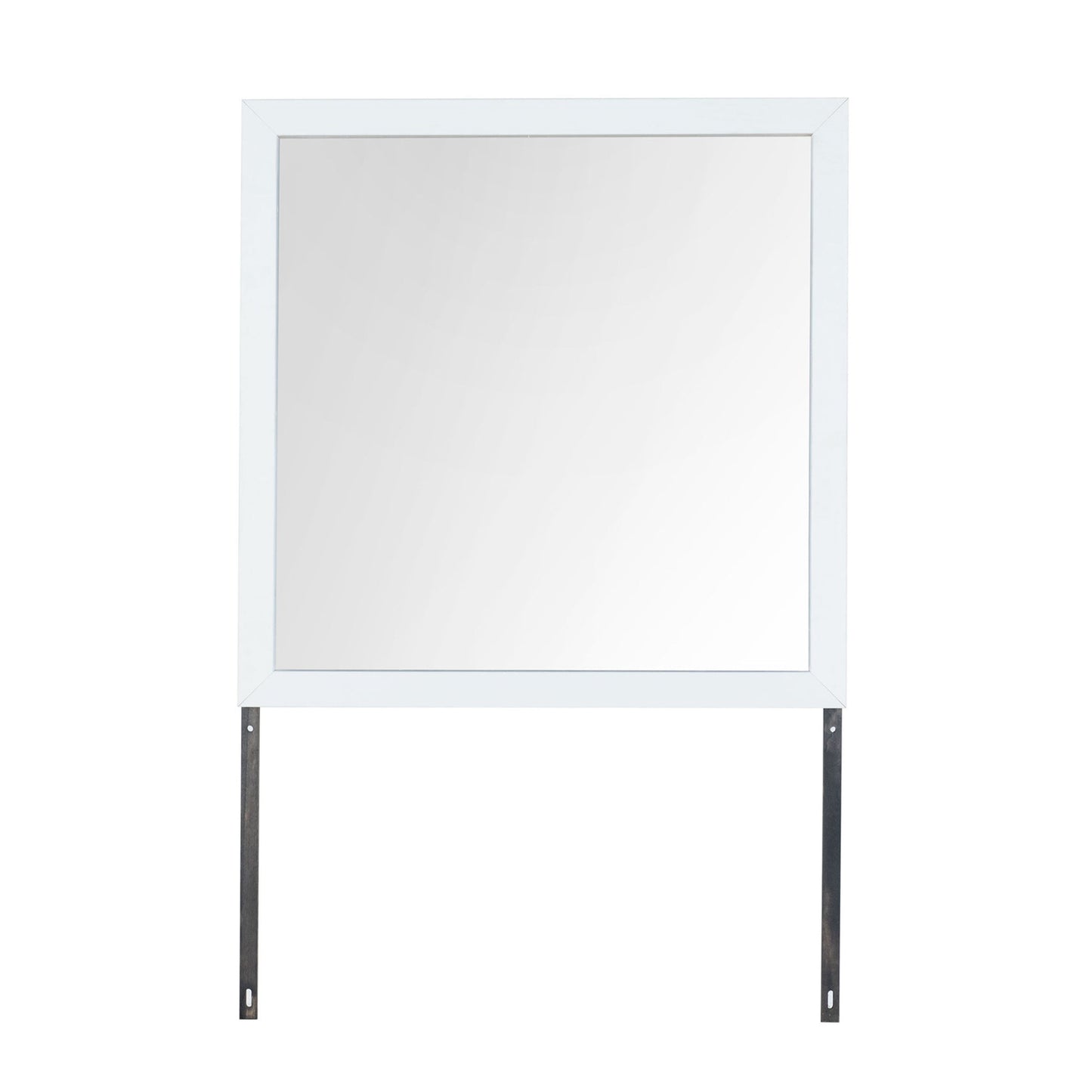 The Couch.com Maloise Mirror features a large rectangular shape with a modern white wood frame and two metal mounting brackets extending from the lower corners, shown against a plain white background.