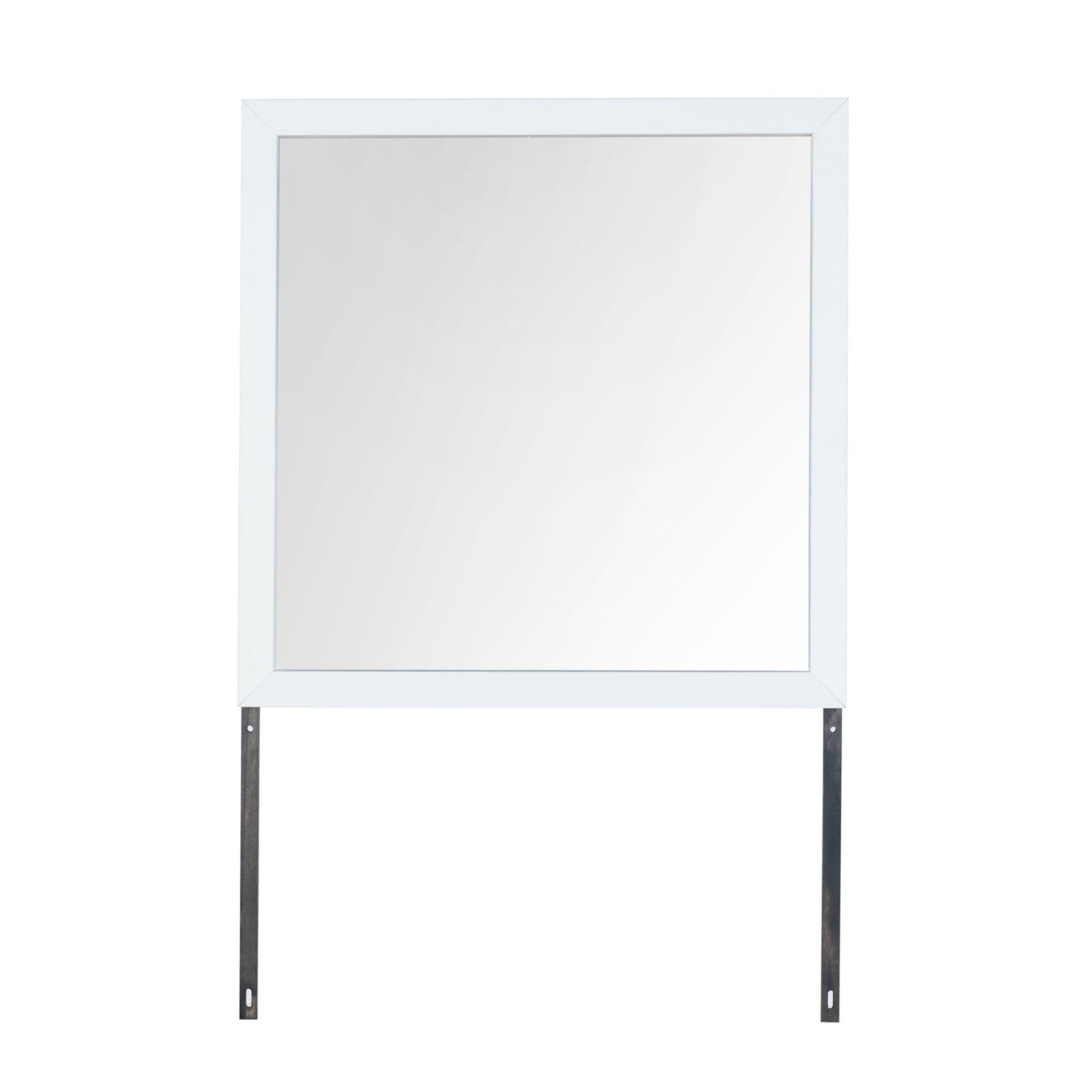 The Couch.com Maloise Mirror features a large rectangular shape with a modern white wood frame and two metal mounting brackets extending from the lower corners, shown against a plain white background.