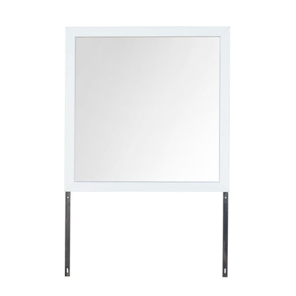 The Couch.com Maloise Mirror features a large rectangular shape with a modern white wood frame and two metal mounting brackets extending from the lower corners, shown against a plain white background.