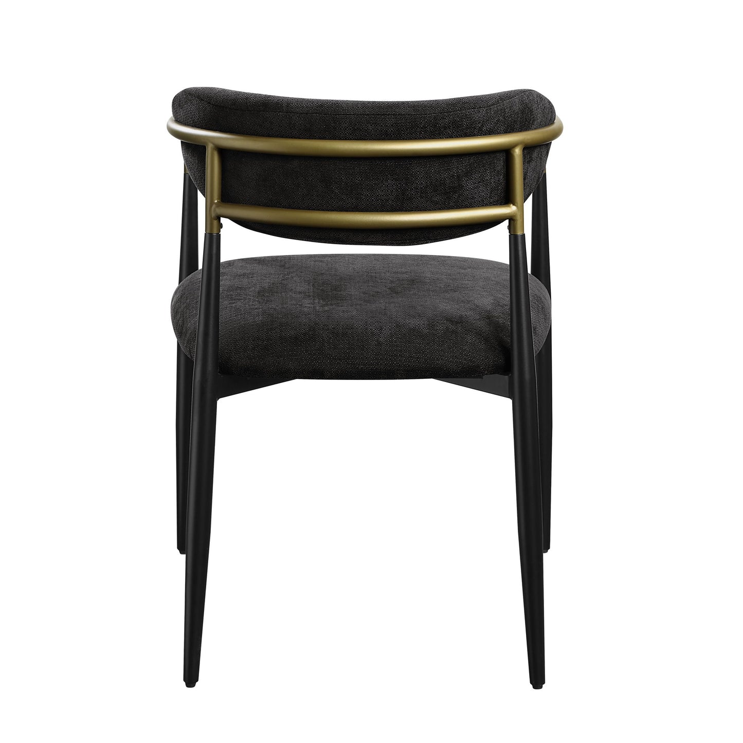 The Jaramillo - Chenille Side Chair (Set of 2) in Black features a black upholstered seat and backrest, sturdy black metal legs, and a gold accent bar wrapping around the backrest; shown from the rear view.