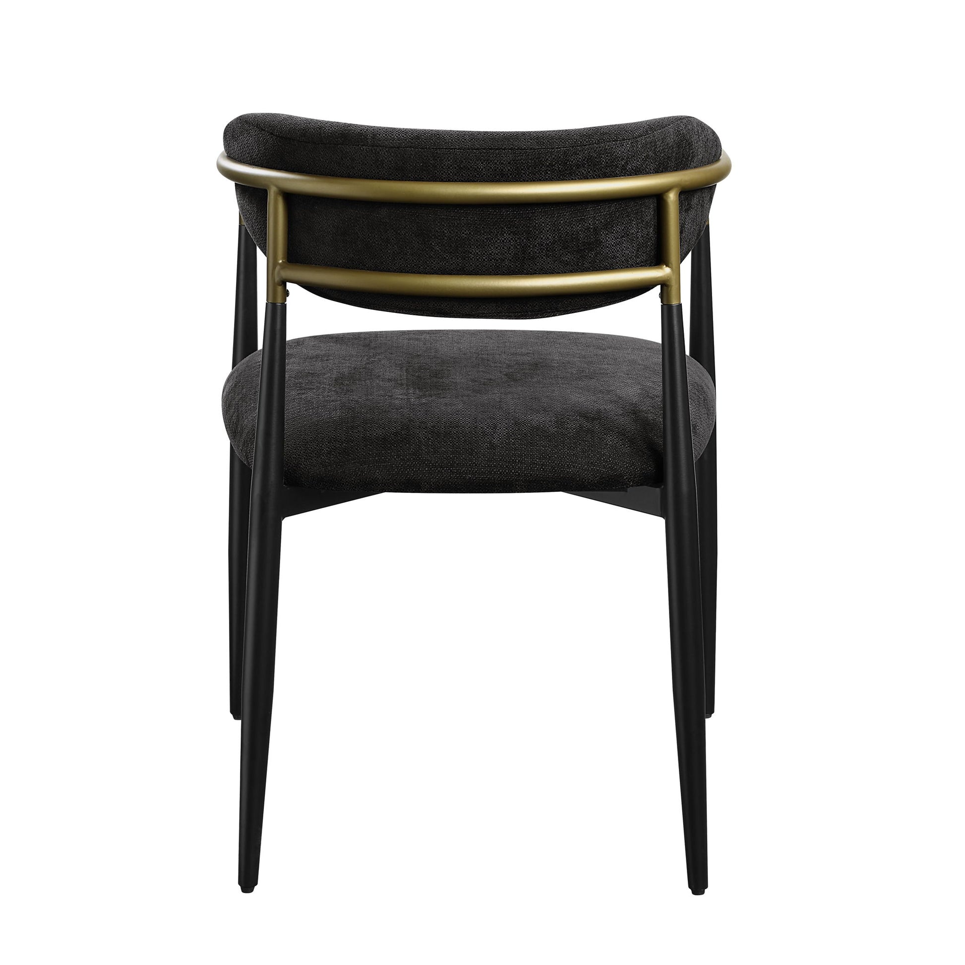 The Jaramillo - Chenille Side Chair (Set of 2) in Black features a black upholstered seat and backrest, sturdy black metal legs, and a gold accent bar wrapping around the backrest; shown from the rear view.