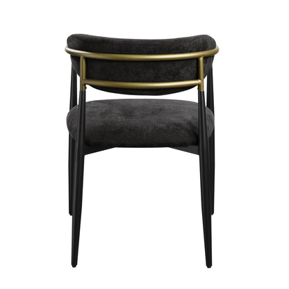 The Jaramillo - Chenille Side Chair (Set of 2) in Black features a black upholstered seat and backrest, sturdy black metal legs, and a gold accent bar wrapping around the backrest; shown from the rear view.