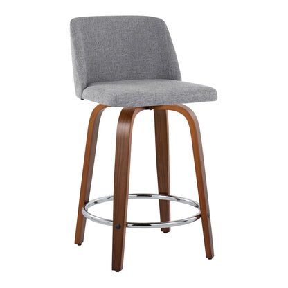 A gray Toriano Mid Century Modern counter stool with a curved backrest, wooden tapered legs, and a round chrome footrest. (Set of 2).