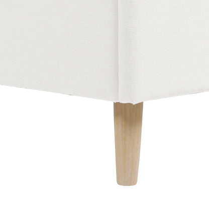 Close-up of the Stockholm - Modern Wavy Headboard Platform Bed, highlighting its white upholstered fabric, a single light wood leg, and sleek, straight lines.