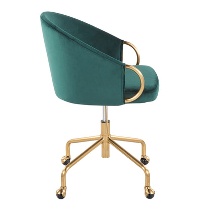 The Claire - Stylish Design Contemporary / Glam Task Chair features teal velvet upholstery, gold metal armrests and base, five wheels for mobility, a modern curved backrest, and a plush seat.