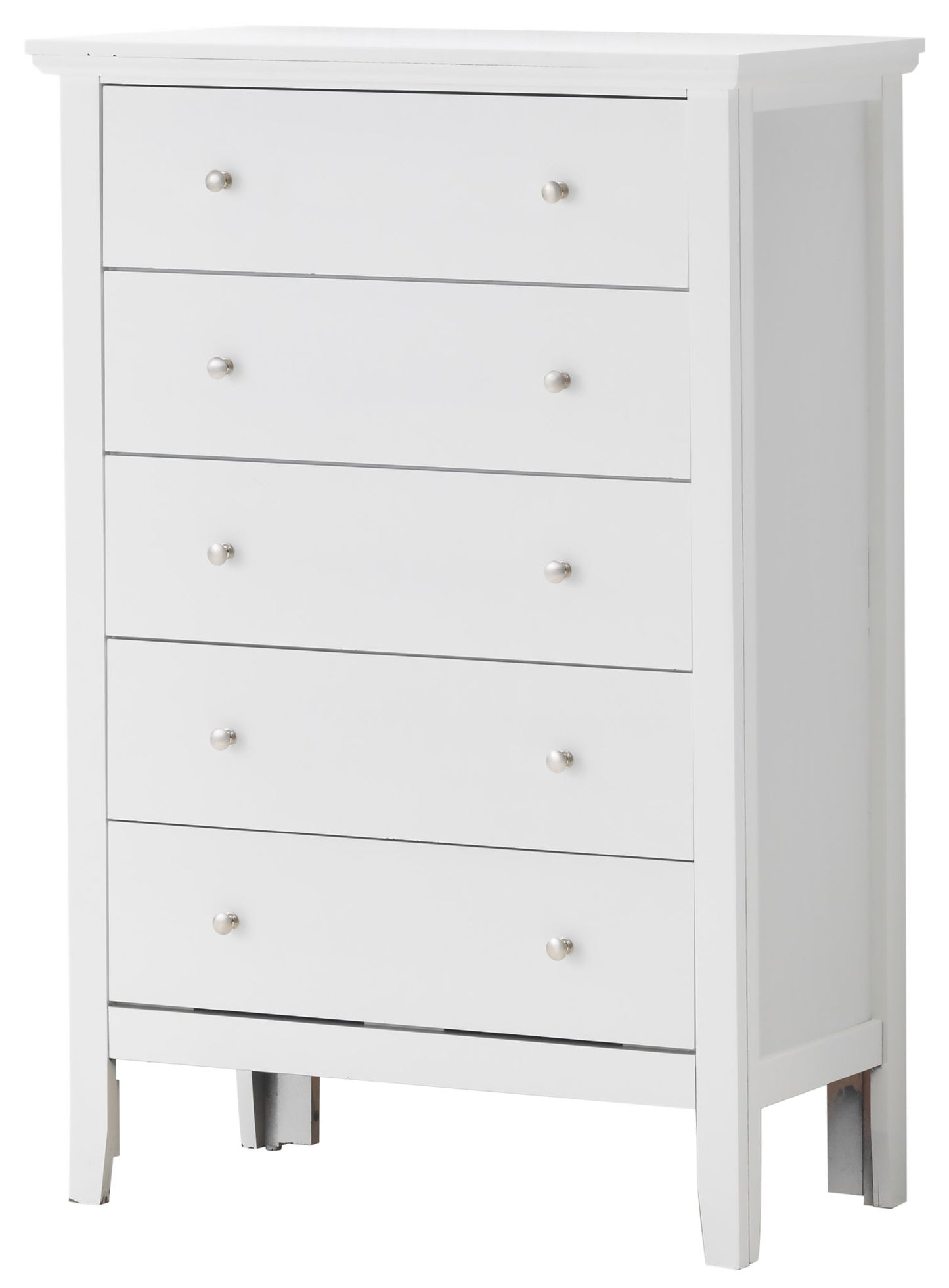 The Primo - Chest is a tall, white wooden dresser with five drawers, each fitted with two small round metal knobs. Its design is simple and modern, featuring clean lines and a flat top.