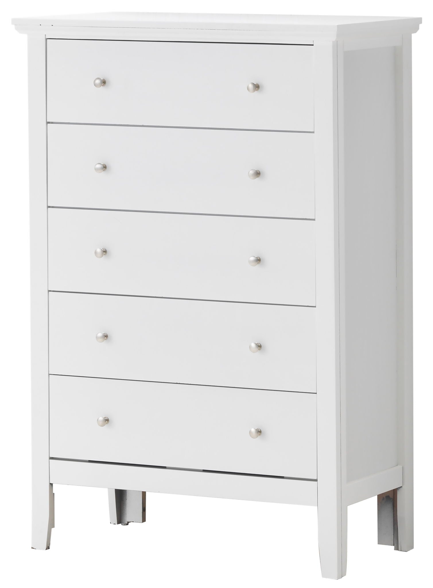 The Primo - Chest is a tall, white wooden dresser with five drawers, each fitted with two small round metal knobs. Its design is simple and modern, featuring clean lines and a flat top.