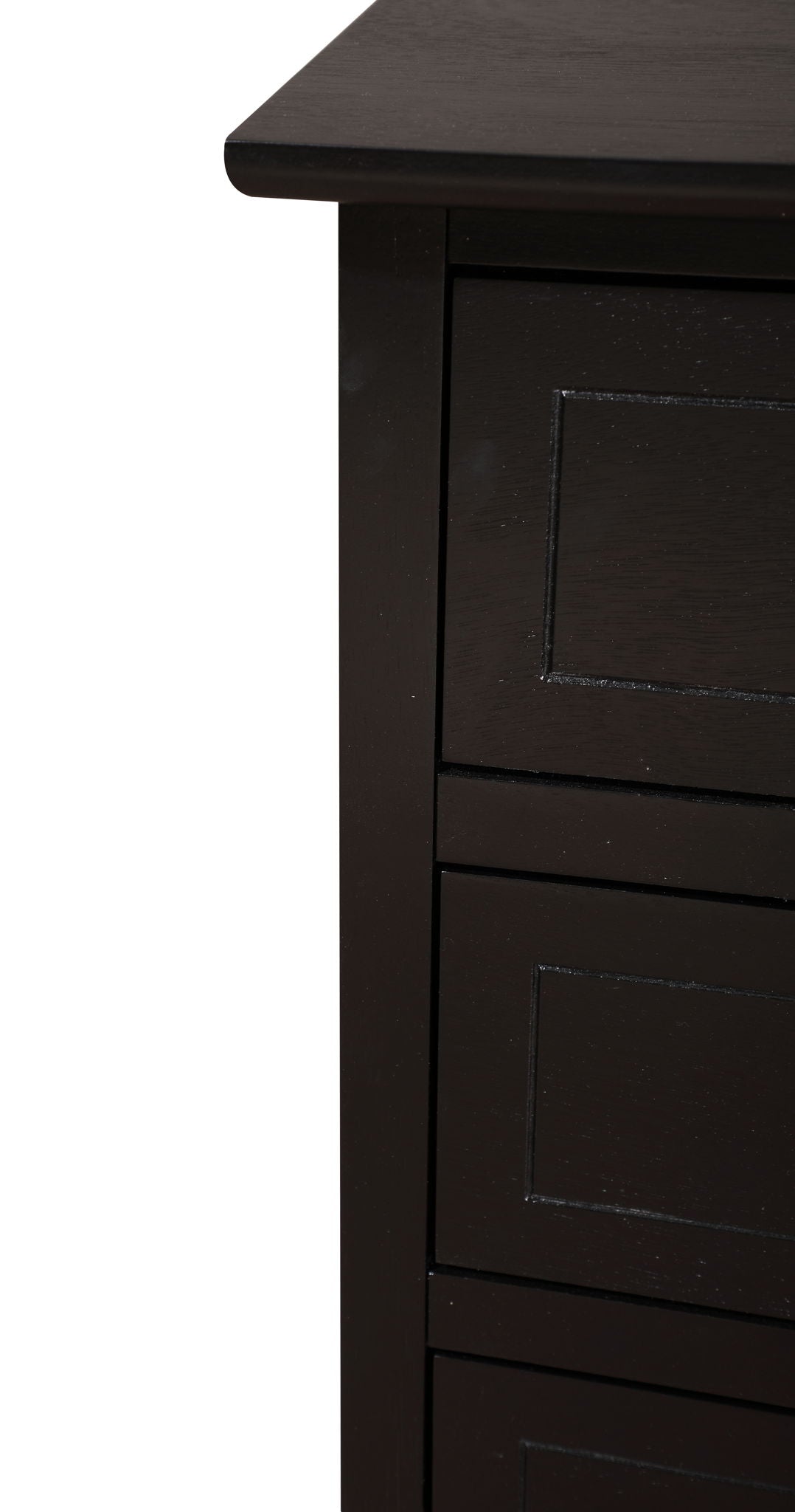 Close-up of the top corner and side of the Daniel - 3 Drawer Nightstand, featuring dark wood, visible edges, and part of three rectangular drawer fronts with simple panel detailing.