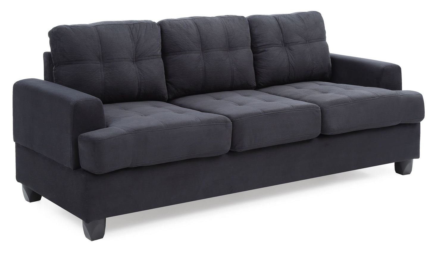 The Sandridge Sofa features a modern design with dark gray fabric, three seat and back cushions, square armrests, and short black legs.