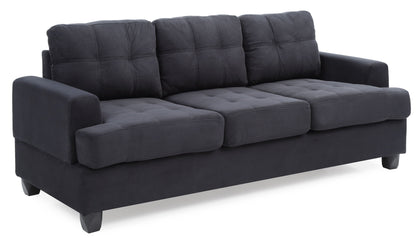 The Sandridge Sofa features a modern design with dark gray fabric, three seat and back cushions, square armrests, and short black legs.