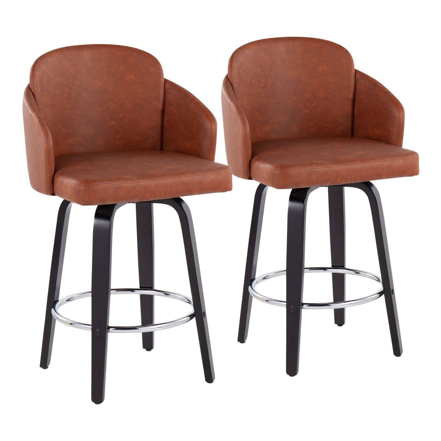 Set of 2 Dahlia Contemporary Counter Stools with brown leather, curved backs, armrests, black wooden legs, and a round chrome footrest.