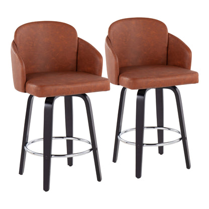 Set of 2 Dahlia Contemporary Counter Stools with brown leather, curved backs, armrests, black wooden legs, and a round chrome footrest.