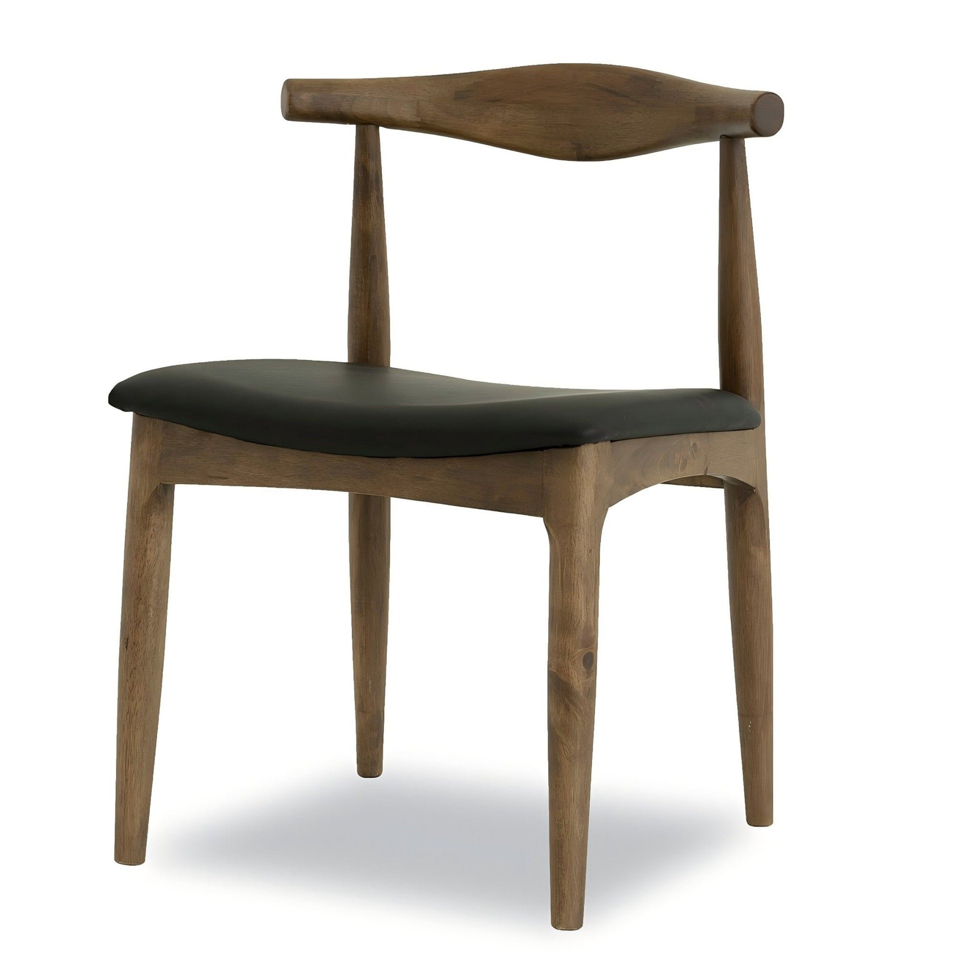 The Destiny - Modern Dining Chairs (Set of 2) feature a simple, minimalist design with four wooden legs, a curved backrest, natural wood grain, and a black cushioned seat.