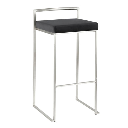 The Fuji barstool showcases a contemporary, elegant design with a square black cushioned seat, sleek silver metal frame, low backrest, footrest bar, and is stackable for convenience.