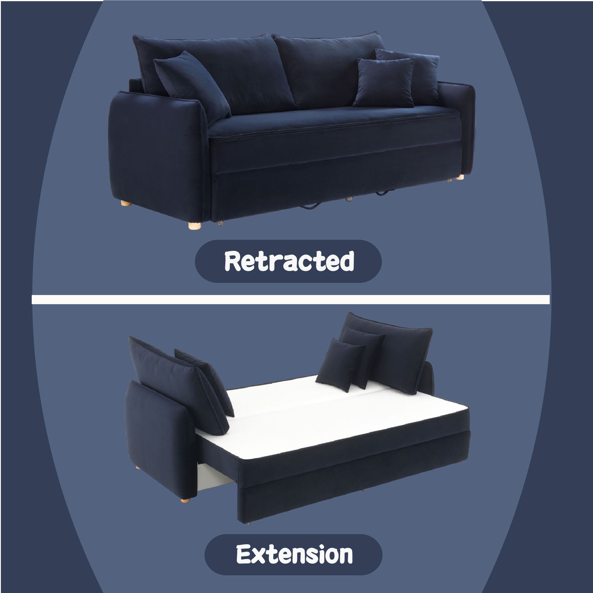 The Irina - Pull Out Sleep With Storage is shown in two ways: as a retracted dark blue sofa in the top image, and as an extended bed with cushions and pillows in the bottom image.