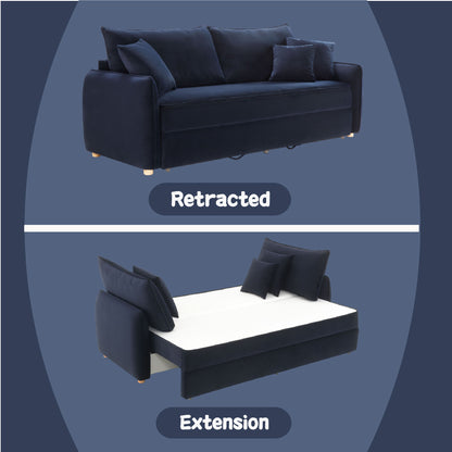 The Irina - Pull Out Sleep With Storage is shown in two ways: as a retracted dark blue sofa in the top image, and as an extended bed with cushions and pillows in the bottom image.