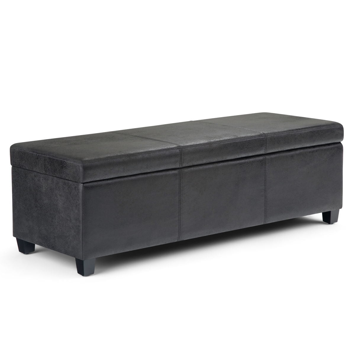 The Avalon - Storage Ottoman Bench in distressed black features a rectangular upholstered design, hinged lid, and short sturdy legs, shown against a white background.